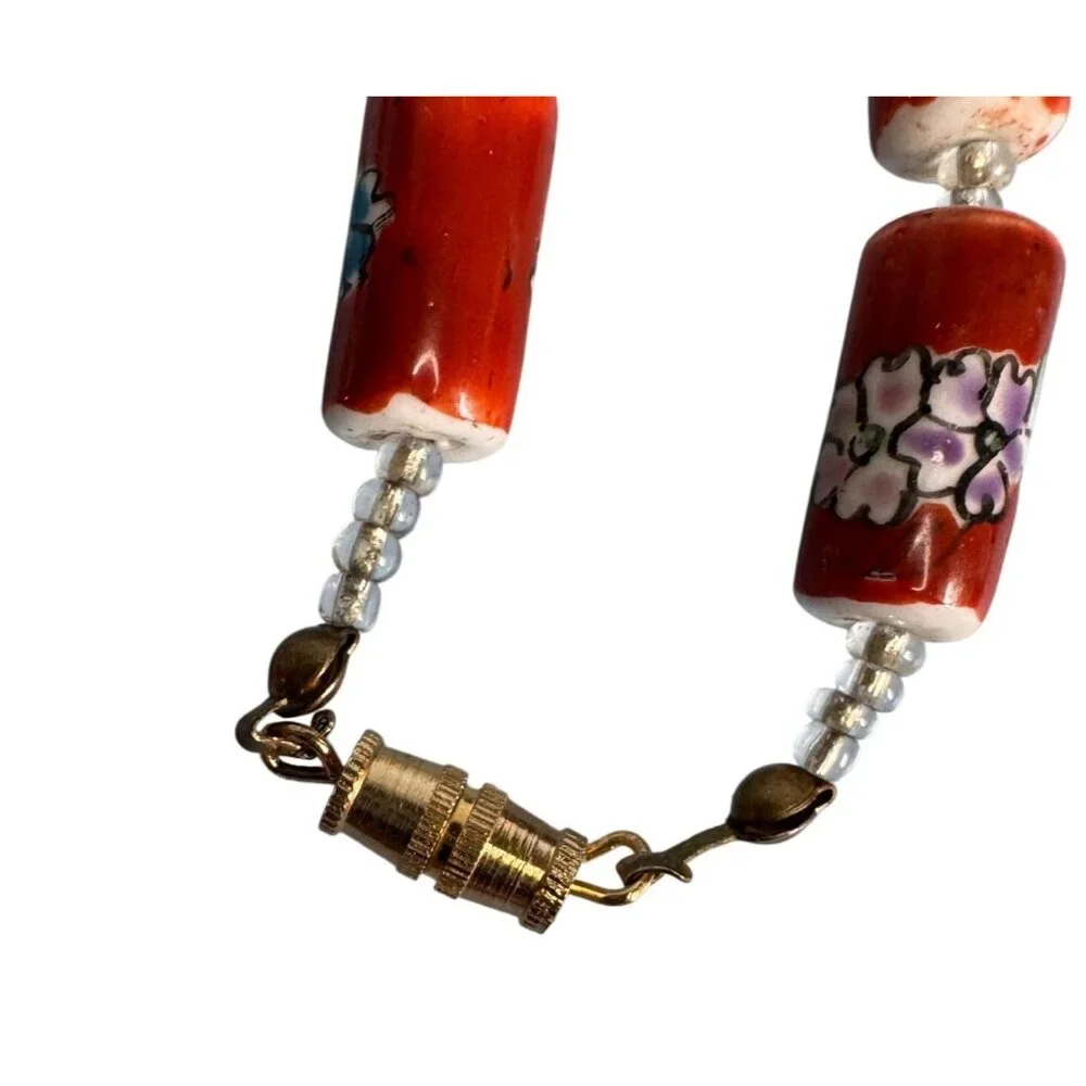 Vintage Chinese Cloisonne Floral Glass Bead Necklace With Barrel Clasp 22" Red M - Picture 5 of 9